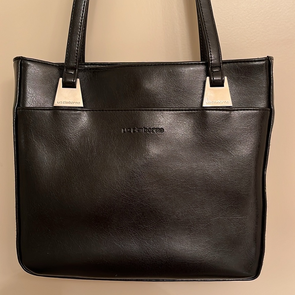Liz Claiborne Vintage Faux Leather Handbag Black with Silver Accents, 10x9x2